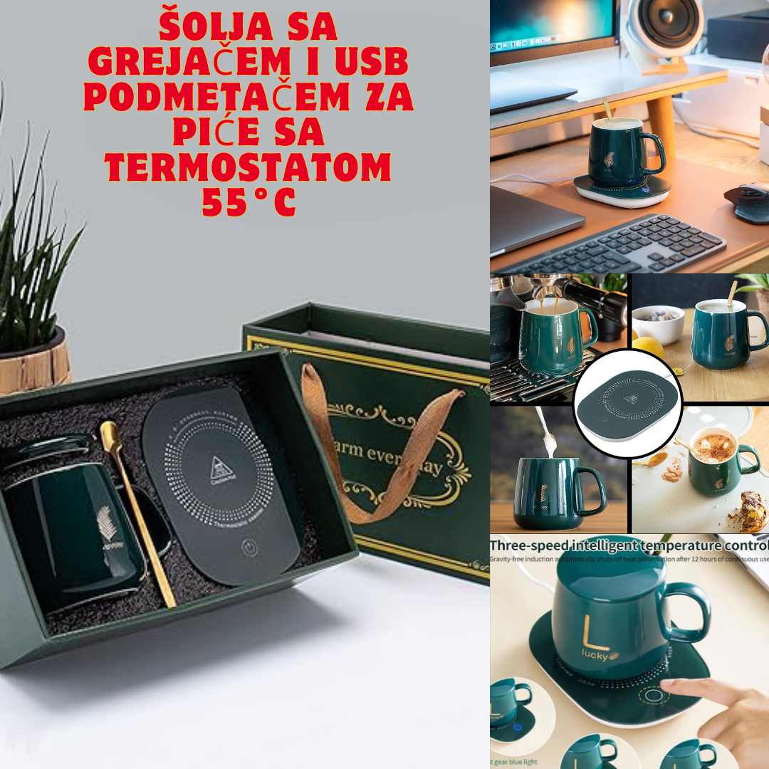 Šolja sa grejačem i USB podmetač za piće sa termostatom 55°C