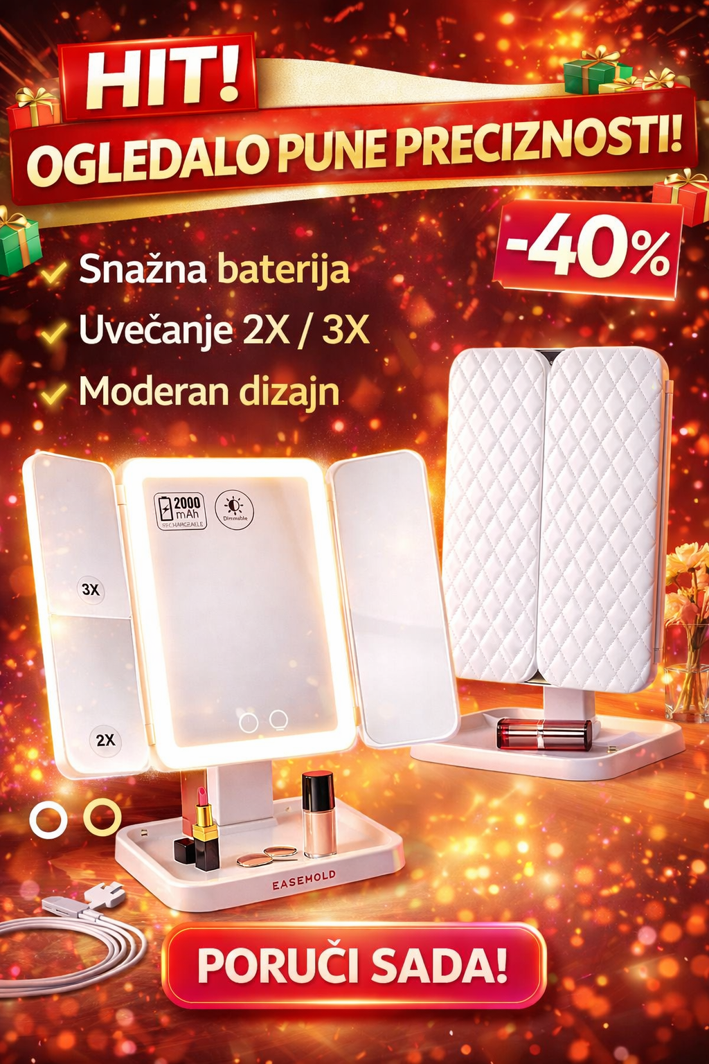 LED OGLEDALO ZA ŠMINKANJE SA UVEĆANJEM I LED SVETLOM