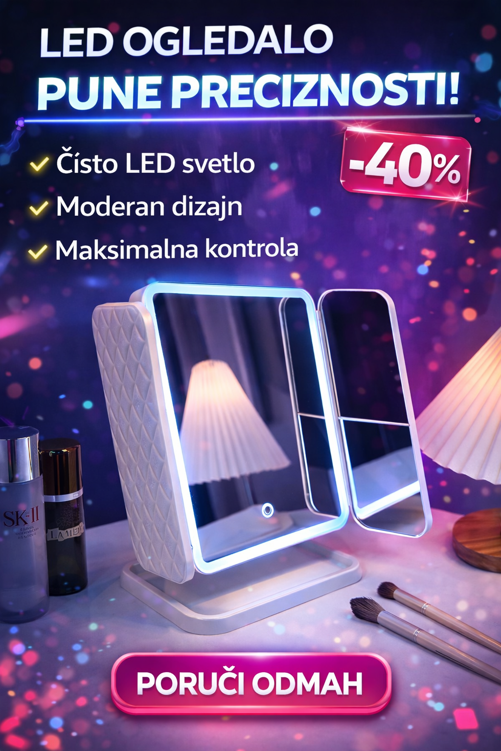 LED OGLEDALO ZA ŠMINKANJE SA UVEĆANJEM I LED SVETLOM