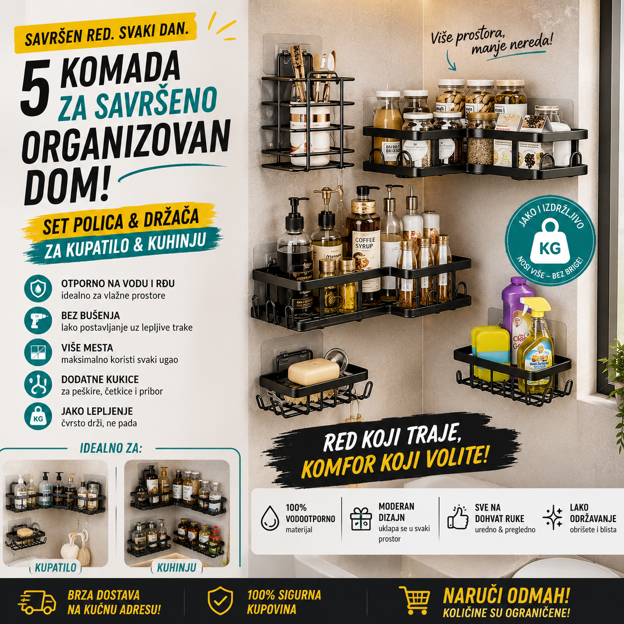 Višenamenske police i držači za kupatilo &amp; kuhinju – SET 5 KOMADA