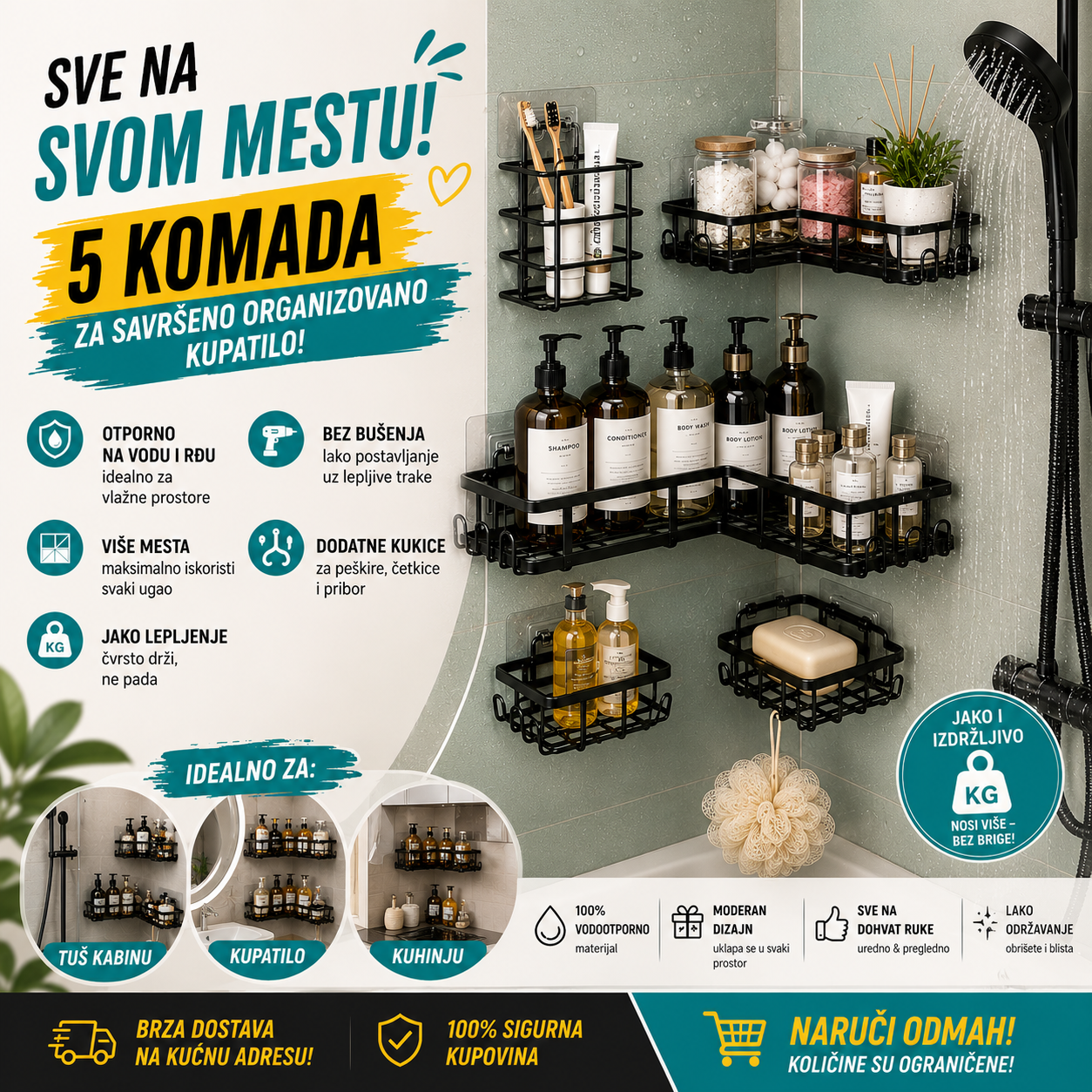 Višenamenske police i držači za kupatilo &amp; kuhinju – SET 5 KOMADA