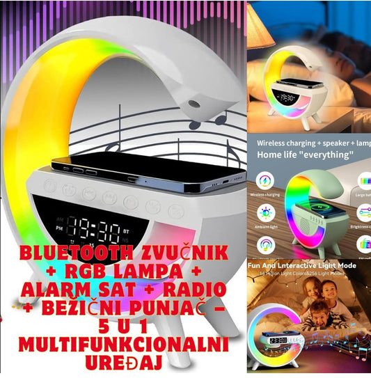 Bluetooth zvučnik + RGB lampa + Alarm sat + Radio + Bežični punjač – 5 u 1 multifunkcionalni uređaj