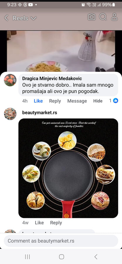 Savršeni tiganj za palačinke  Takodje uz njega ide I posuda za palacinke komplet za pravljenje (u prodaji trenutno najnoviji model po starima cenama akcija )