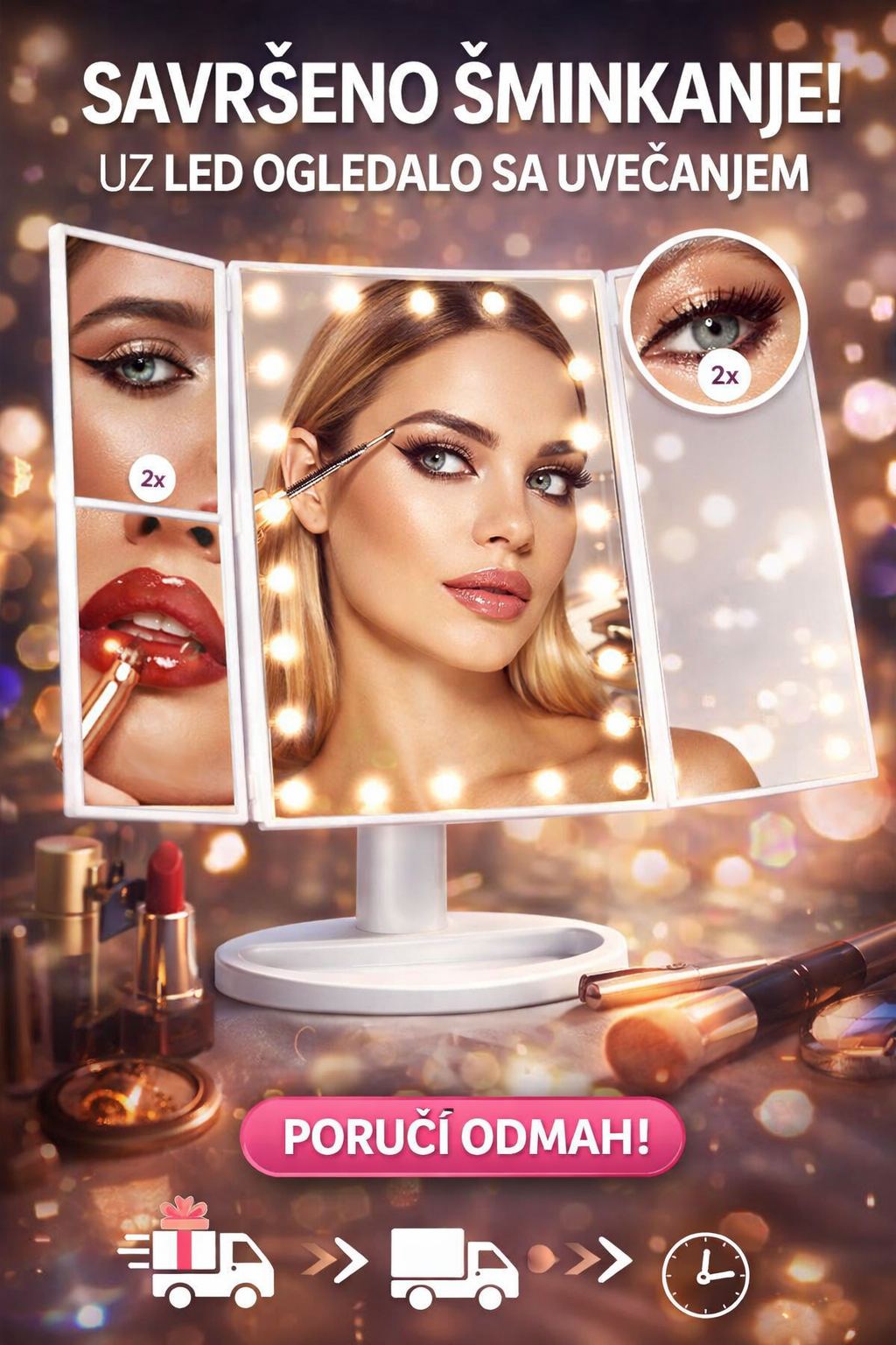 LED OGLEDALO ZA ŠMINKANJE SA UVEĆANJEM I LED SVETLOM
