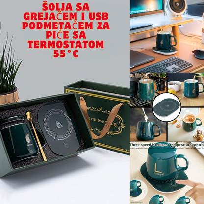 Šolja sa grejačem i USB podmetač za piće sa termostatom 55°C