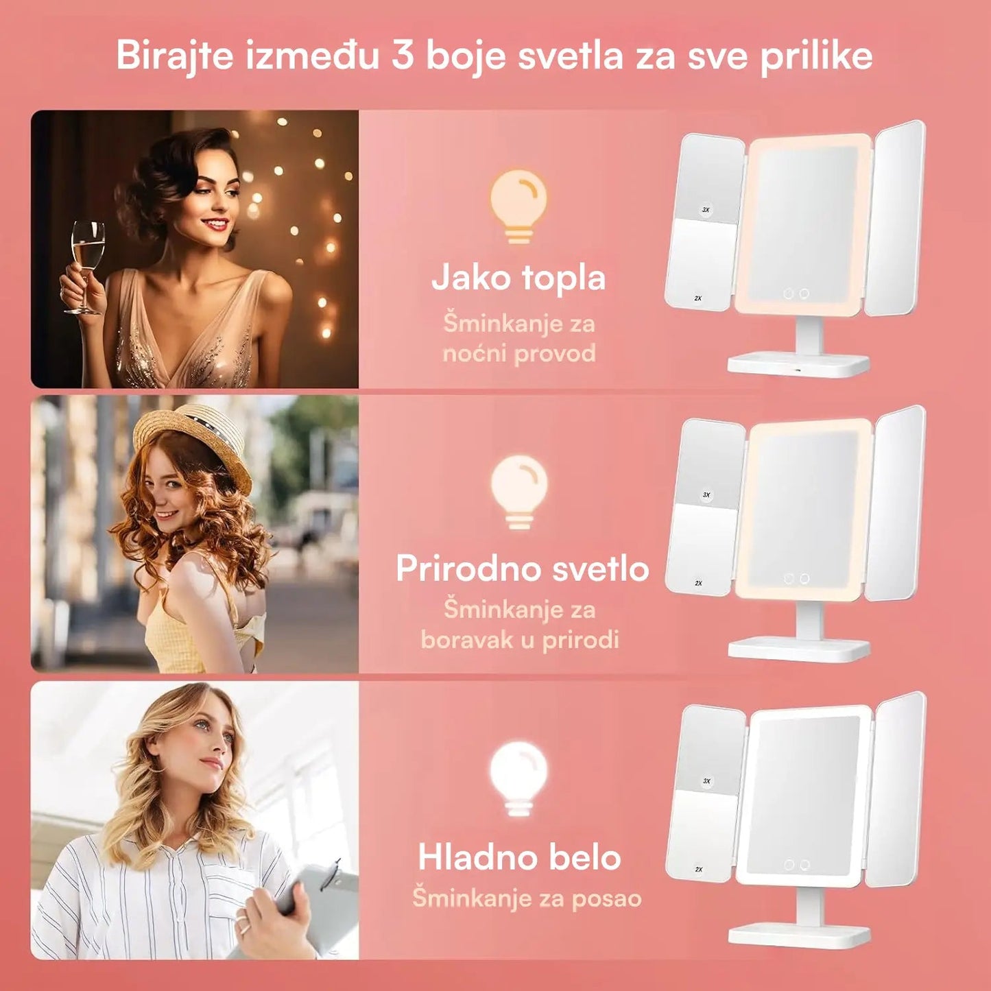 LED OGLEDALO ZA ŠMINKANJE SA UVEĆANJEM I LED SVETLOM