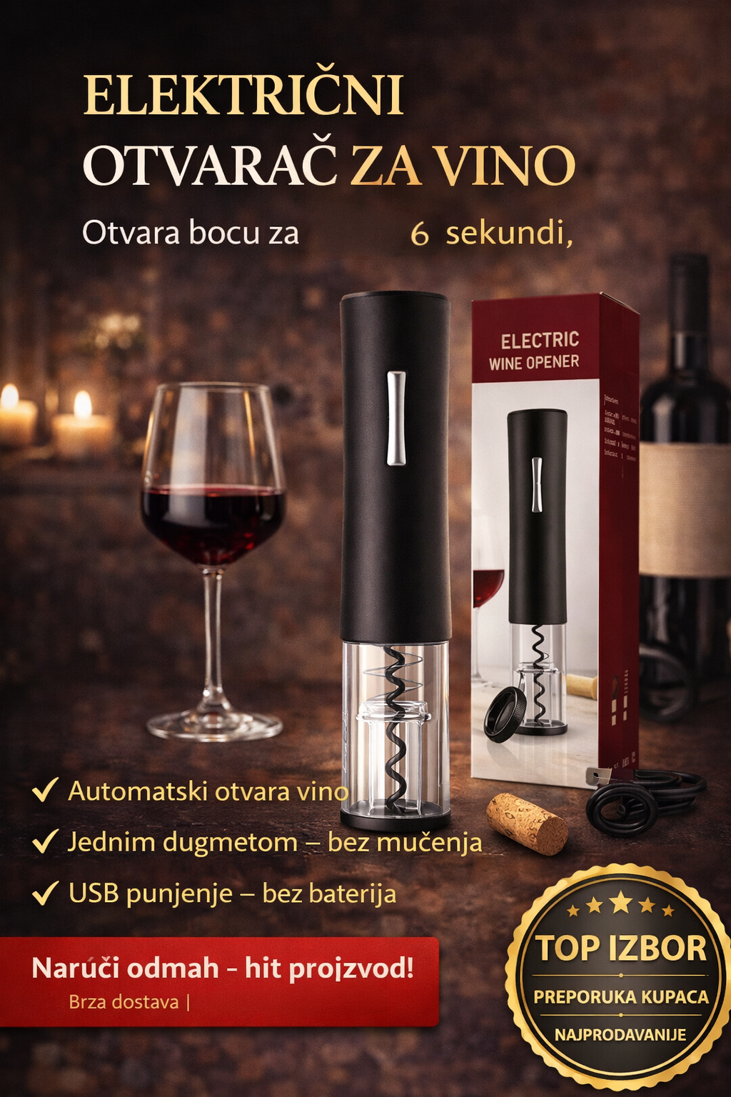 Električni otvarač za vino – automatski vadi čep